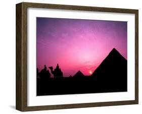 Colorful Sunset Silhouetting Men and Camels at the Great Pyramids of Giza, Egypt-Bill Bachmann-Framed Premium Photographic Print
