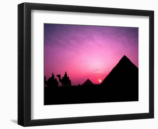 Colorful Sunset Silhouetting Men and Camels at the Great Pyramids of Giza, Egypt-Bill Bachmann-Framed Photographic Print