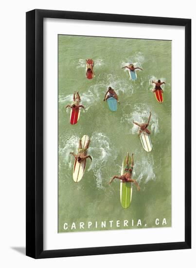 Colorful Surfers and Surf Boards in Green Water, Carpinteria-null-Framed Art Print