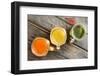 Colorful Trio of Fresh Fruit Juice in Glass Jugs-oocoskun-Framed Photographic Print