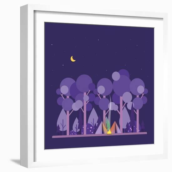 Colorful Vector Concept with Camping Scene. Night Landscape with Tent, Forest, Fire, Sparks, Starry-twins_nika-Framed Art Print