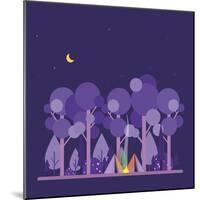 Colorful Vector Concept with Camping Scene. Night Landscape with Tent, Forest, Fire, Sparks, Starry-twins_nika-Mounted Art Print