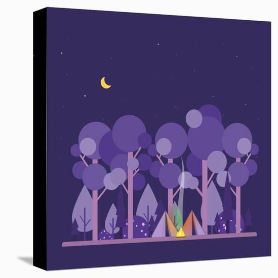 Colorful Vector Concept with Camping Scene. Night Landscape with Tent, Forest, Fire, Sparks, Starry-twins_nika-Stretched Canvas