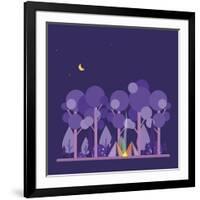 Colorful Vector Concept with Camping Scene. Night Landscape with Tent, Forest, Fire, Sparks, Starry-twins_nika-Framed Art Print