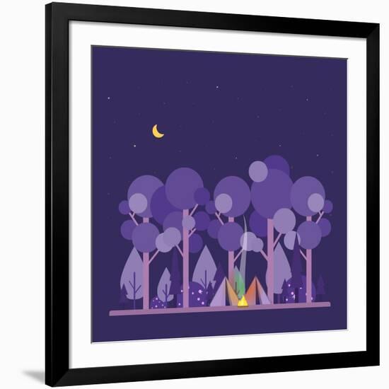 Colorful Vector Concept with Camping Scene. Night Landscape with Tent, Forest, Fire, Sparks, Starry-twins_nika-Framed Art Print