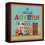 Colorful Vector Hello Autumn Seasonal Background with Autumn City Landscape | Autumn Greeting Card,-Mascha Tace-Framed Stretched Canvas