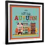Colorful Vector Hello Autumn Seasonal Background with Autumn City Landscape | Autumn Greeting Card,-Mascha Tace-Framed Art Print