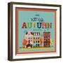 Colorful Vector Hello Autumn Seasonal Background with Autumn City Landscape | Autumn Greeting Card,-Mascha Tace-Framed Art Print