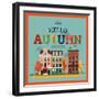 Colorful Vector Hello Autumn Seasonal Background with Autumn City Landscape | Autumn Greeting Card,-Mascha Tace-Framed Art Print