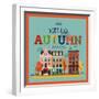 Colorful Vector Hello Autumn Seasonal Background with Autumn City Landscape | Autumn Greeting Card,-Mascha Tace-Framed Art Print