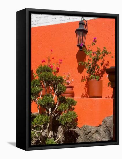 Colorful Wall with Lantern and Potted Plants, Guanajuato, Mexico-Julie Eggers-Framed Stretched Canvas