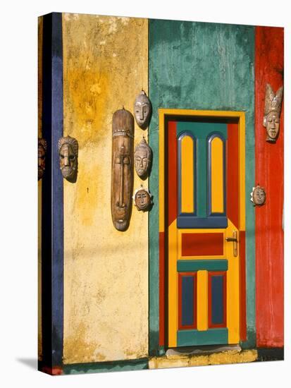 Colorfully Painted Building Decorated with Masks, Ubud, Bali, Indonesia-Tom Haseltine-Stretched Canvas