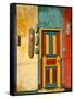 Colorfully Painted Building Decorated with Masks, Ubud, Bali, Indonesia-Tom Haseltine-Framed Stretched Canvas