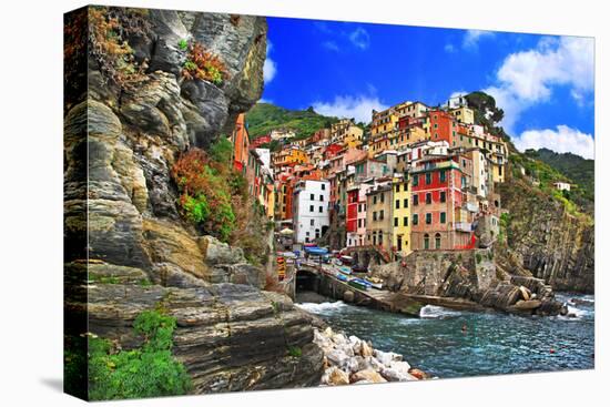 Colors of Italy - Riomaggiore, Pictorial Fishing Village,Liguria-Maugli-l-Stretched Canvas