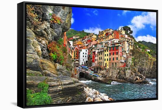 Colors of Italy - Riomaggiore, Pictorial Fishing Village,Liguria-Maugli-l-Framed Stretched Canvas