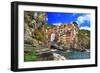 Colors of Italy - Riomaggiore, Pictorial Fishing Village,Liguria-Maugli-l-Framed Photographic Print