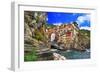 Colors of Italy - Riomaggiore, Pictorial Fishing Village,Liguria-Maugli-l-Framed Photographic Print