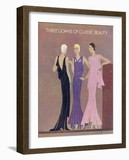 Colour Fashion Illustration Showing Three Glamorous Evening Gowns-null-Framed Art Print