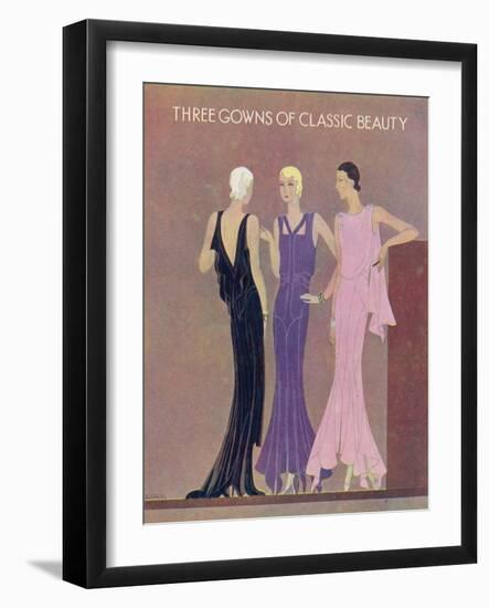 Colour Fashion Illustration Showing Three Glamorous Evening Gowns-null-Framed Art Print