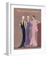 Colour Fashion Illustration Showing Three Glamorous Evening Gowns-null-Framed Art Print