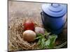 Coloured Eggs in Straw Nest; Blue Milk Can-Eising Studio - Food Photo and Video-Mounted Photographic Print