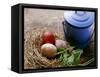 Coloured Eggs in Straw Nest; Blue Milk Can-Eising Studio - Food Photo and Video-Framed Stretched Canvas