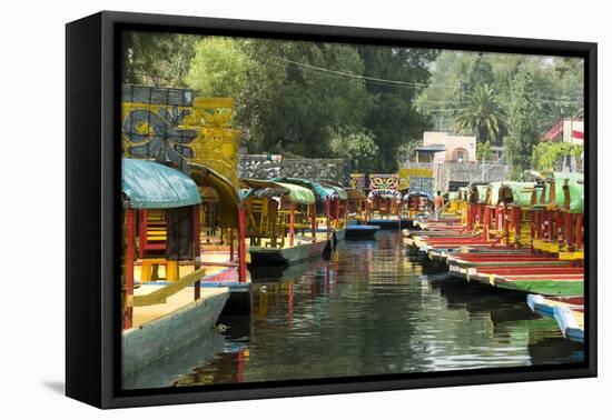 Colourful Boats at the Floating Gardens in Xochimilco-John Woodworth-Framed Stretched Canvas