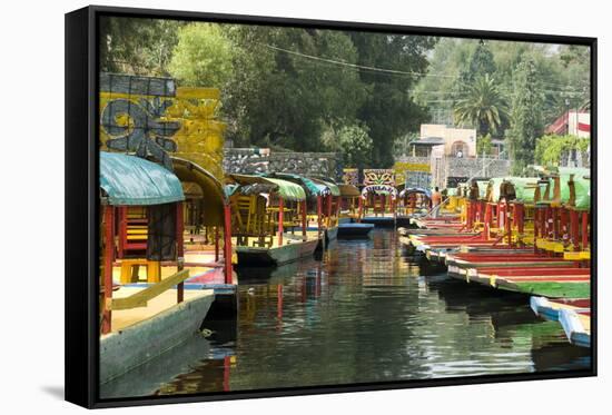 Colourful Boats at the Floating Gardens in Xochimilco-John Woodworth-Framed Stretched Canvas