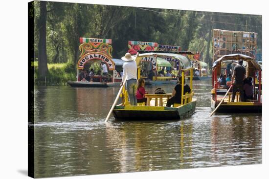 Colourful Boats at the Floating Gardens in Xochimilco-John Woodworth-Stretched Canvas