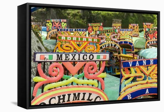 Colourful Boats at the Floating Gardens in Xochimilco-John Woodworth-Framed Stretched Canvas