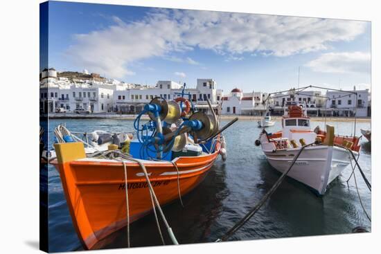 Colourful boats in harbour, whitewashed Mykonos Town (Chora) with windmills and churches, Mykonos, -Eleanor Scriven-Stretched Canvas