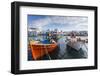 Colourful boats in harbour, whitewashed Mykonos Town (Chora) with windmills and churches, Mykonos, -Eleanor Scriven-Framed Photographic Print