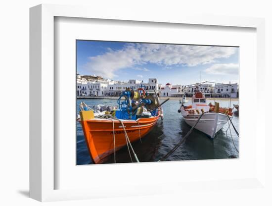 Colourful boats in harbour, whitewashed Mykonos Town (Chora) with windmills and churches, Mykonos, -Eleanor Scriven-Framed Photographic Print