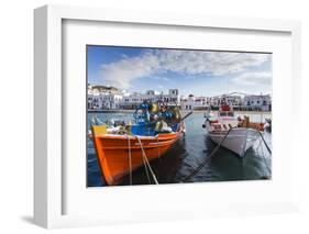 Colourful boats in harbour, whitewashed Mykonos Town (Chora) with windmills and churches, Mykonos, -Eleanor Scriven-Framed Photographic Print