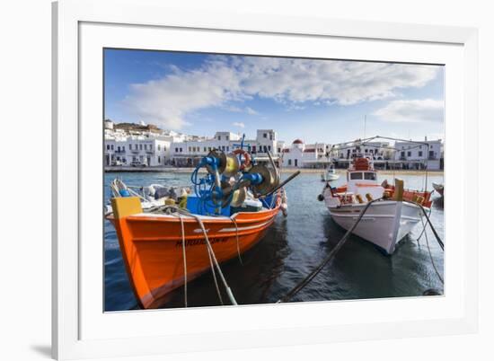 Colourful boats in harbour, whitewashed Mykonos Town (Chora) with windmills and churches, Mykonos, -Eleanor Scriven-Framed Photographic Print