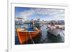 Colourful boats in harbour, whitewashed Mykonos Town (Chora) with windmills and churches, Mykonos, -Eleanor Scriven-Framed Photographic Print