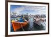 Colourful boats in harbour, whitewashed Mykonos Town (Chora) with windmills and churches, Mykonos, -Eleanor Scriven-Framed Photographic Print