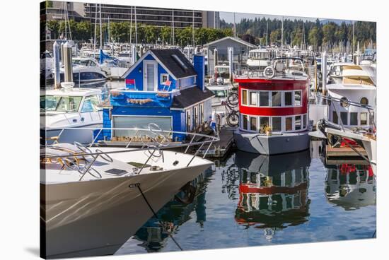 Colourful boats in Vancouver Harbour near the Convention Centre, Vancouver, British Columbia, Canad-Frank Fell-Stretched Canvas