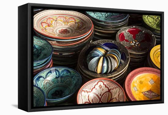 Colourful Bowls in the Old Souk, Old Medina, Marrakesh (Marrakech), Morocco, North Africa-Stephen Studd-Framed Stretched Canvas