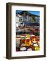 Colourful ceramics in Competa's Street Market with the village and mountain in behind, Malaga Pr...-Panoramic Images-Framed Photographic Print