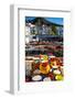 Colourful ceramics in Competa's Street Market with the village and mountain in behind, Malaga Pr...-Panoramic Images-Framed Photographic Print