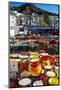 Colourful ceramics in Competa's Street Market with the village and mountain in behind, Malaga Pr...-Panoramic Images-Mounted Photographic Print