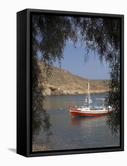 Colourful Fishing Boat on Sea, Kato Zakro, East Coast, Crete, Greek Islands, Greece-Eitan Simanor-Framed Stretched Canvas