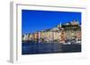 Colourful harbourfront houses, boats and castle, Portovenere, UNESCO World Heritage Site, Italy-Eleanor Scriven-Framed Photographic Print