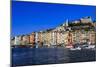 Colourful harbourfront houses, boats and castle, Portovenere, UNESCO World Heritage Site, Italy-Eleanor Scriven-Mounted Photographic Print