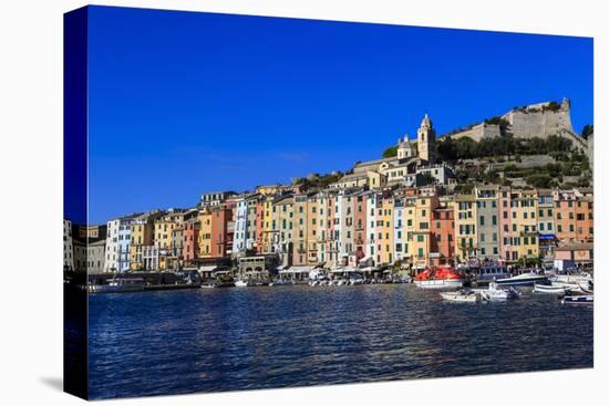 Colourful harbourfront houses, boats and castle, Portovenere, UNESCO World Heritage Site, Italy-Eleanor Scriven-Stretched Canvas