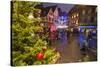 Colourful lights on Christmas trees and ornaments at dusk, Colmar, Haut-Rhin department, Alsace, Fr-Roberto Moiola-Stretched Canvas