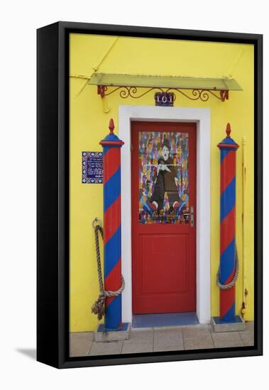 Colourful, Ornate Traditional Doorway and Striped Mooring Posts in the Town of Burano, Venice-Cahir Davitt-Framed Stretched Canvas