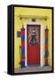 Colourful, Ornate Traditional Doorway and Striped Mooring Posts in the Town of Burano, Venice-Cahir Davitt-Framed Stretched Canvas