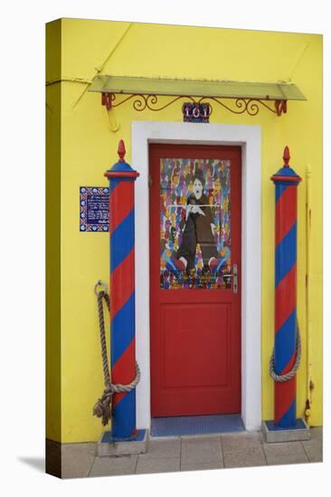 Colourful, Ornate Traditional Doorway and Striped Mooring Posts in the Town of Burano, Venice-Cahir Davitt-Stretched Canvas